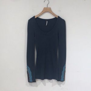 Free People Blue Long Sleeve Top with Embroidered Accents